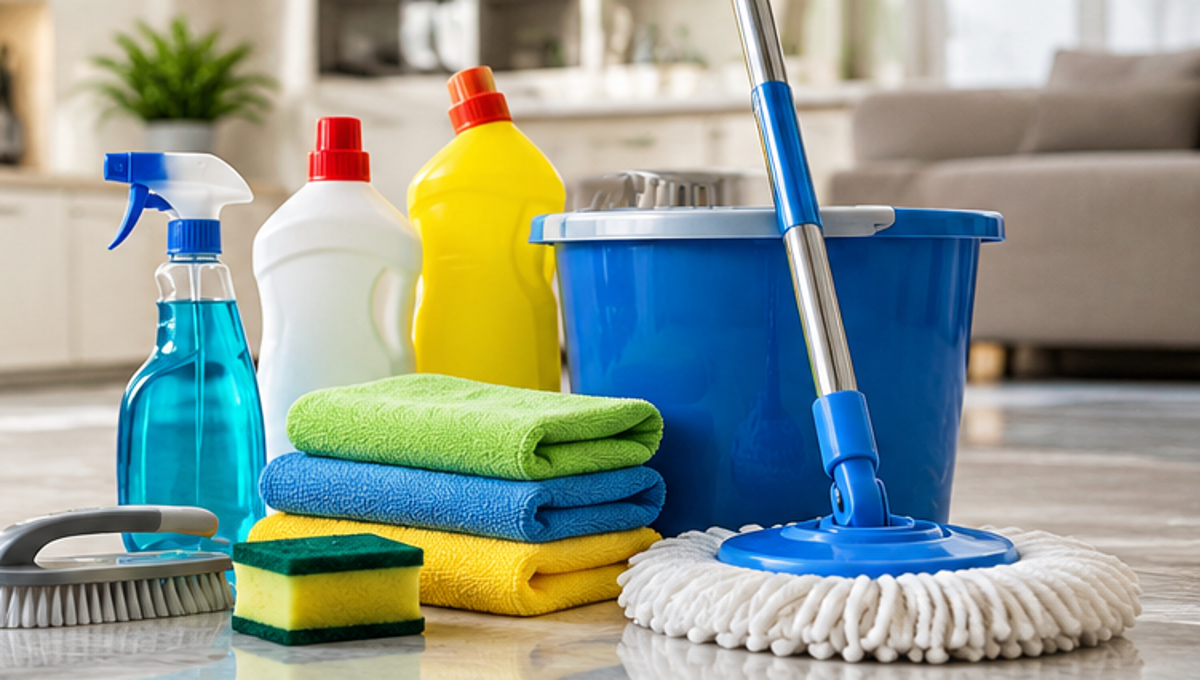 Floor cleaners, phenyl bottles, microfiber cloths and spin mop bucket for home cleaning in Pakistan